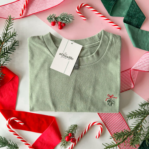 Embroidered AP T-Shirt - Christmas Traditions - Sage Green