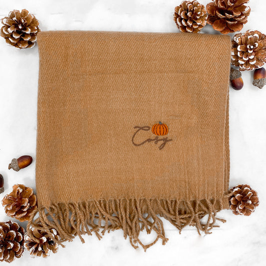 Embroidered Scarf - Autumn Pumpkins - Biscuit