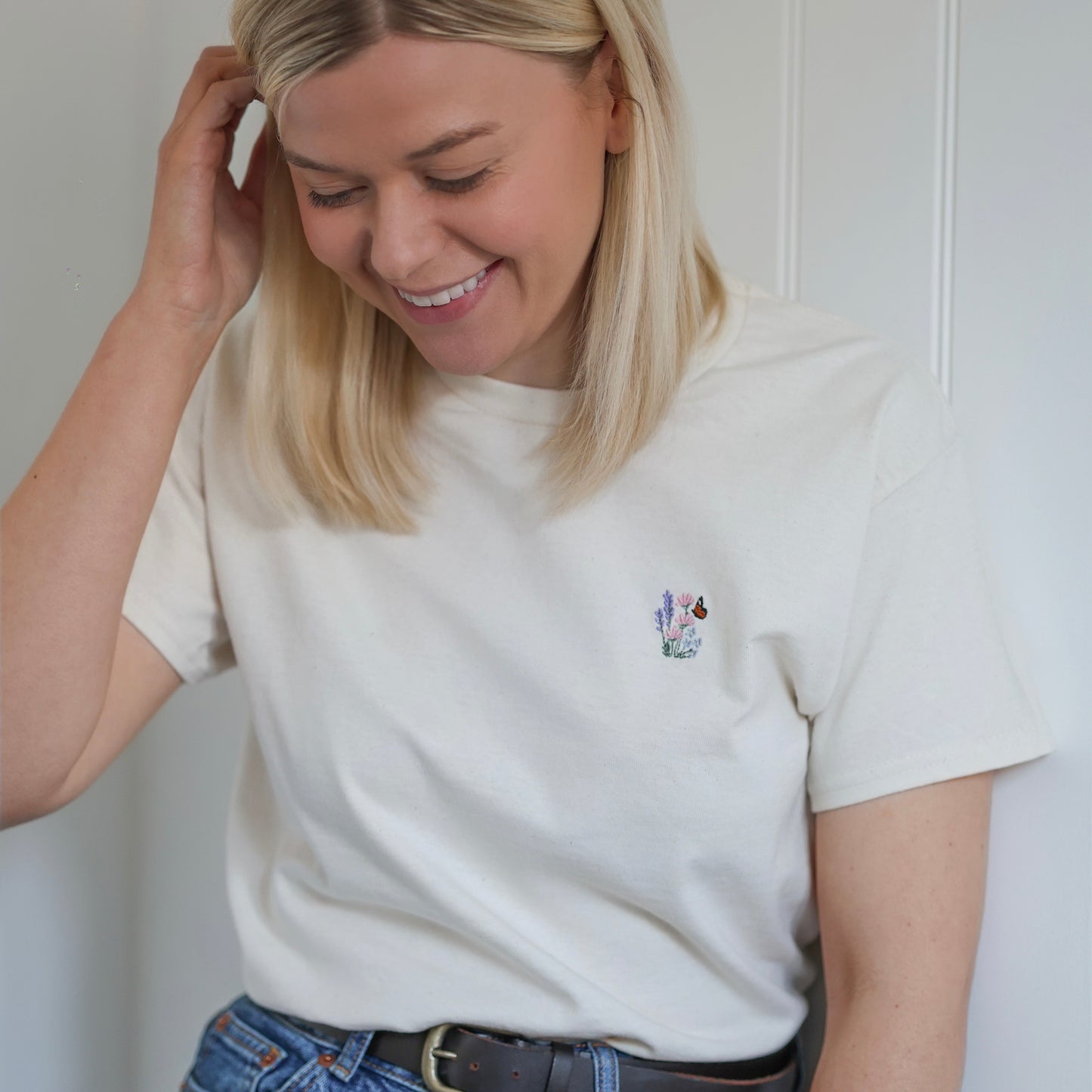 Embroidered AP T-Shirt - Bumbles & Butterflies - Natural