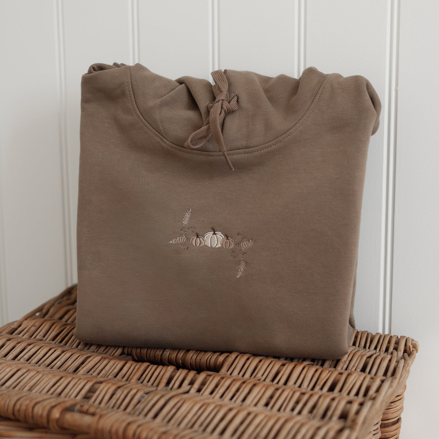 Embroidered Cotton Blend Hoodie - Pumpkin Farm - Mocha