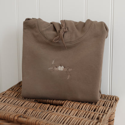 Embroidered Cotton Blend Hoodie - Pumpkin Farm - Mocha