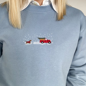 Embroidered Signature Sweatshirt - Christmas Tree Farm - Light Blue