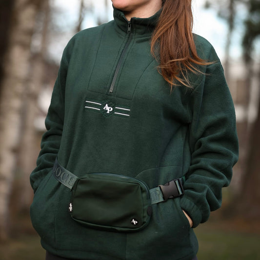 Embroidered Oversized Outdoor Zip Neck Fleece - Forest Green