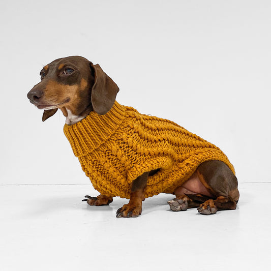 Hand Knitted Dachshund Jumper - Mustard Yellow