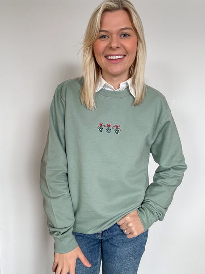 Embroidered Lightweight Sweatshirt - Christmas Traditions - Sage