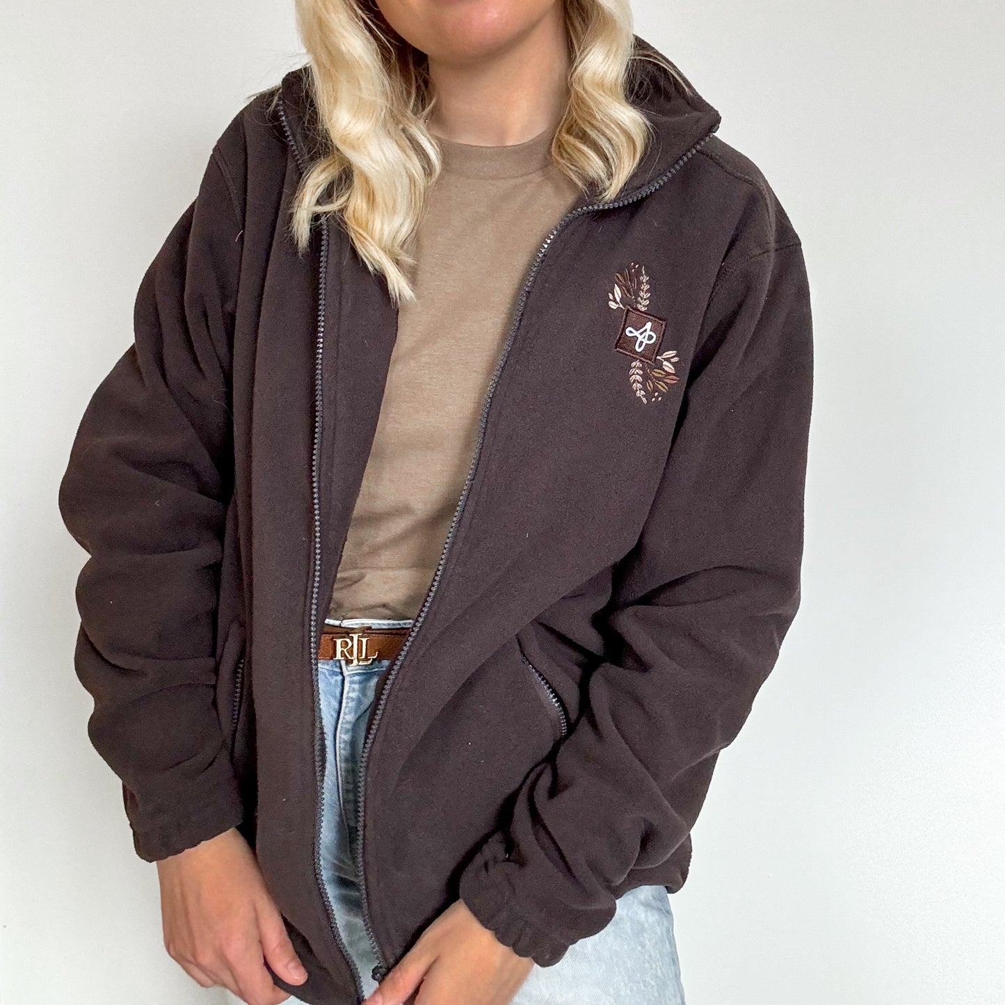 Embroidered Full Zip Fleece - Whispers Of Fall - Chocolate