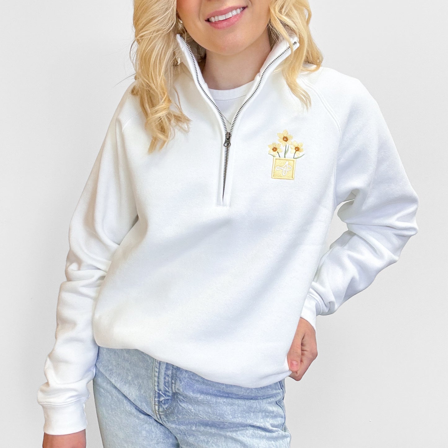 Embroidered Zip Neck Sweat - Delicate Daffodils - White