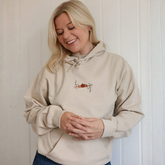 Embroidered Cotton Blend Hoodie - Pumpkin Farm - Sand