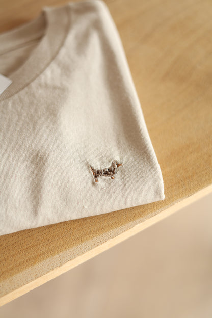 Embroidered T-Shirt - Dachshund - Sand - Dapple Brown and Tan Dachshund - SAMPLE - Multiple Sizes
