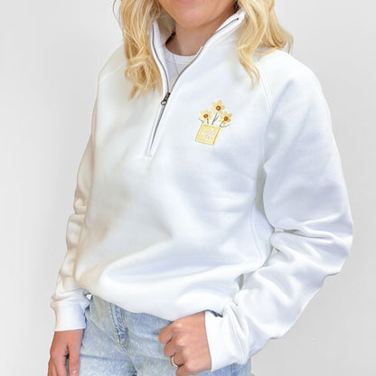 Embroidered Zip Neck Sweat - Delicate Daffodils - White