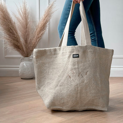 Embroidered Soft Washed Jute Beach Bag - Coastal Beach Grass - Natural