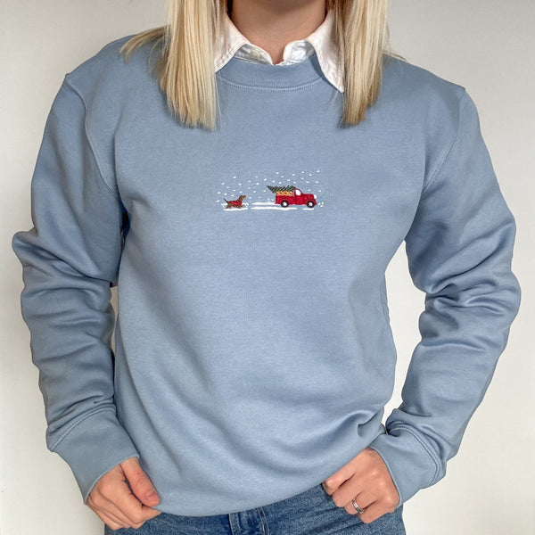 Embroidered Signature Sweatshirt - Christmas Tree Farm - Light Blue