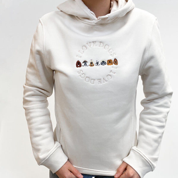 Embroidered Organic Hoodie - Ecru - I Love Dogs