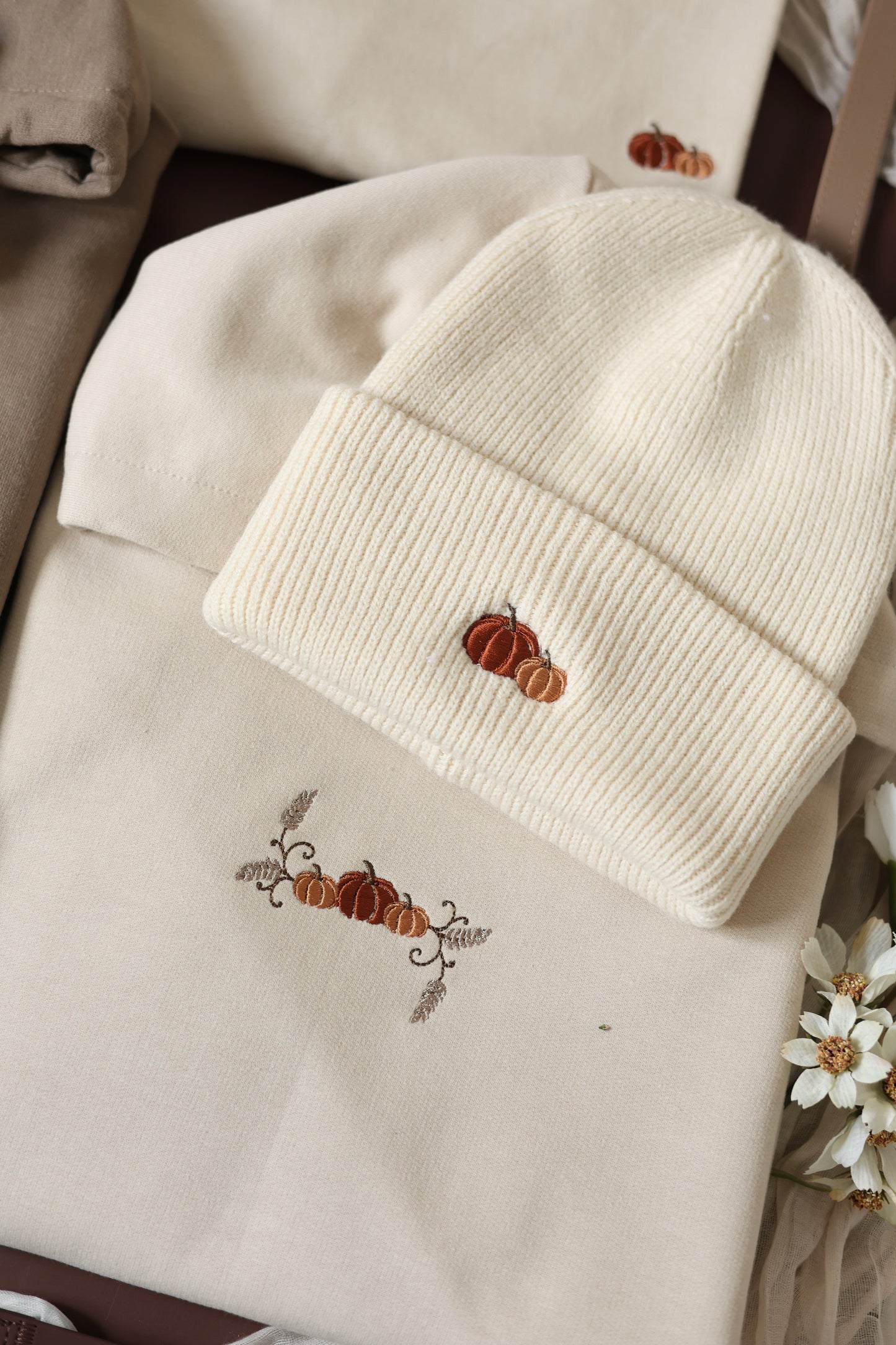 Embroidered Cotton Blend Hoodie - Pumpkin Farm - Sand