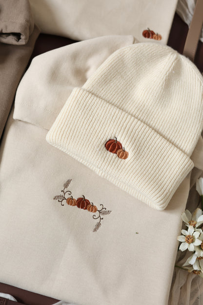 Embroidered Cotton Blend Hoodie - Pumpkin Farm - Sand