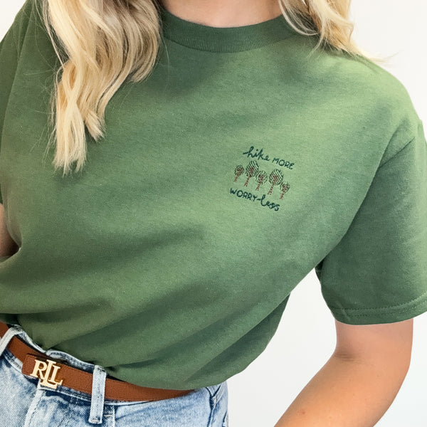 Embroidered AP T-Shirt - Hike More, Worry Less - Deep Sage