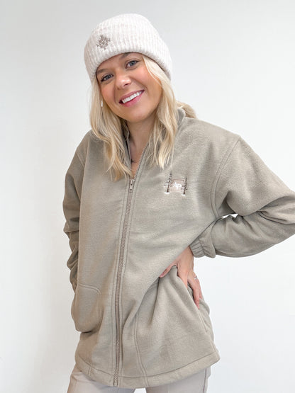 Embroidered Oversized Outdoor Full Zip Fleece - Fawn Frost