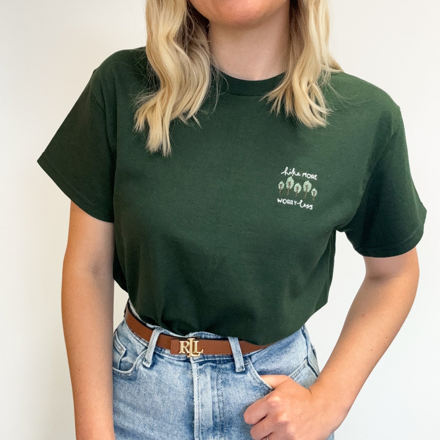 Embroidered AP T-Shirt - Hike More, Worry Less - Forest Green