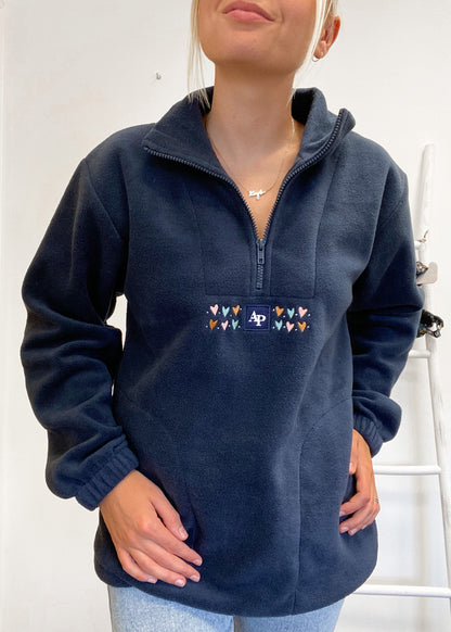 Embroidered Oversized Outdoor Zip Neck Fleece - Lots Of Love - Navy