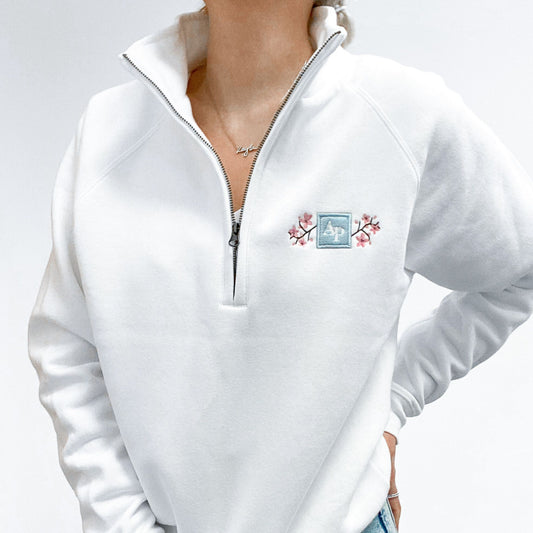 Embroidered Zip Neck Sweat - Cherry Blossom