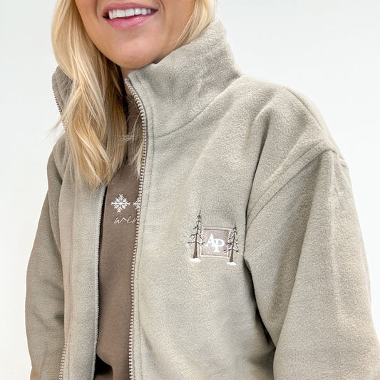 Embroidered Oversized Outdoor Full Zip Fleece - Fawn Frost