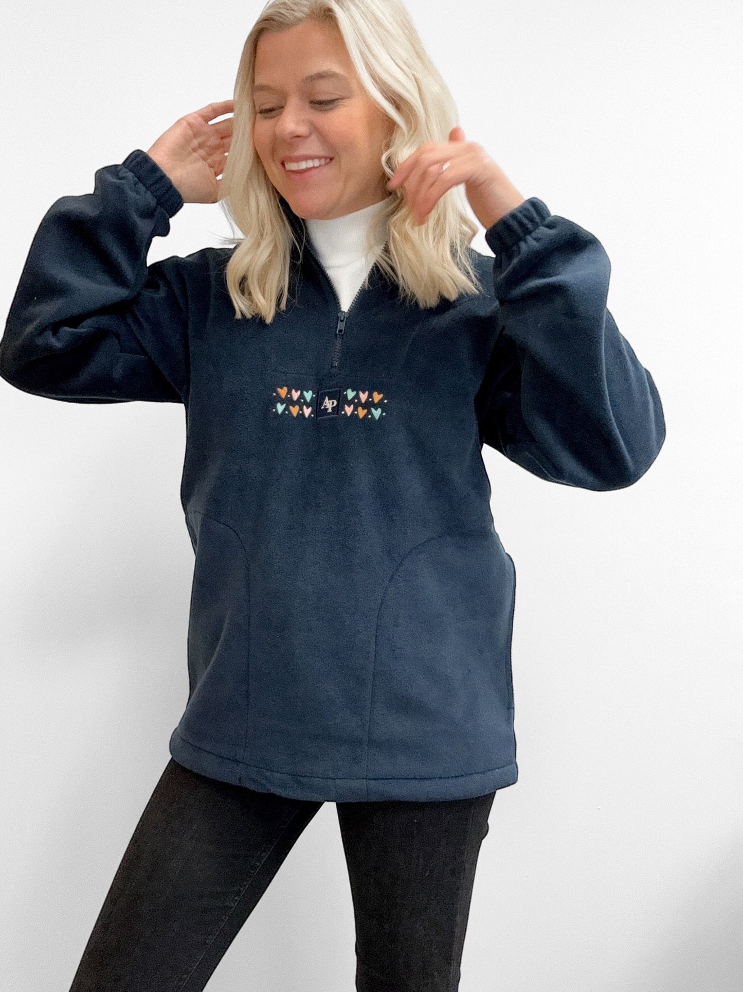 Embroidered Oversized Outdoor Zip Neck Fleece - Lots Of Love - Navy