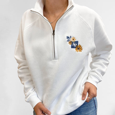Embroidered AP Zip Neck Sweat - Sunflower Meadow - White