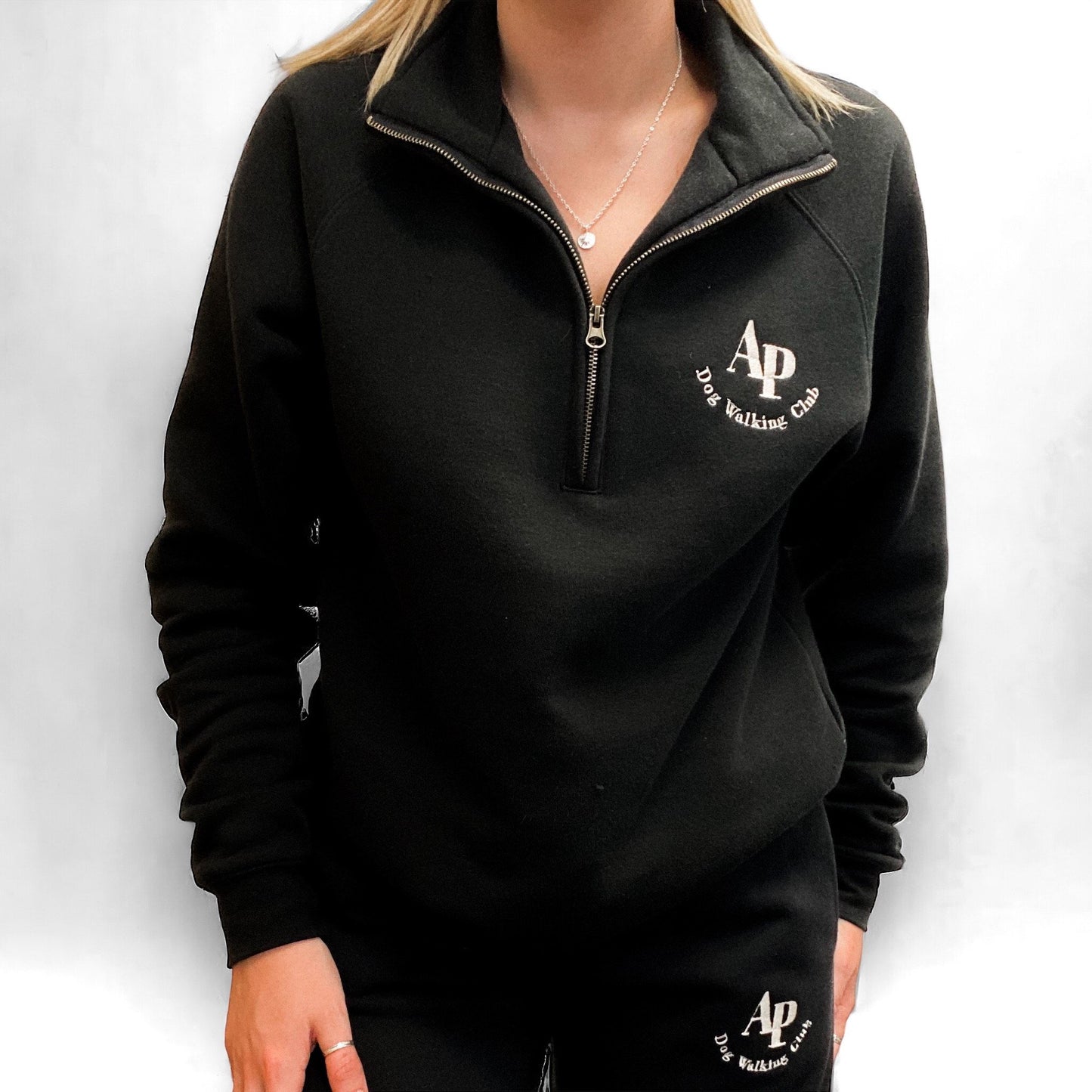 Embroidered Zip Neck Sweat - AP Dog Walking Club - Black