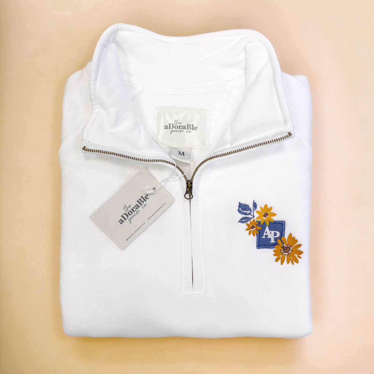 Embroidered AP Zip Neck Sweat - Sunflower Meadow - White