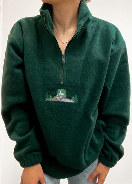 Embroidered Oversized Outdoor Zip Neck Fleece - Highland Mountains - Forest Green