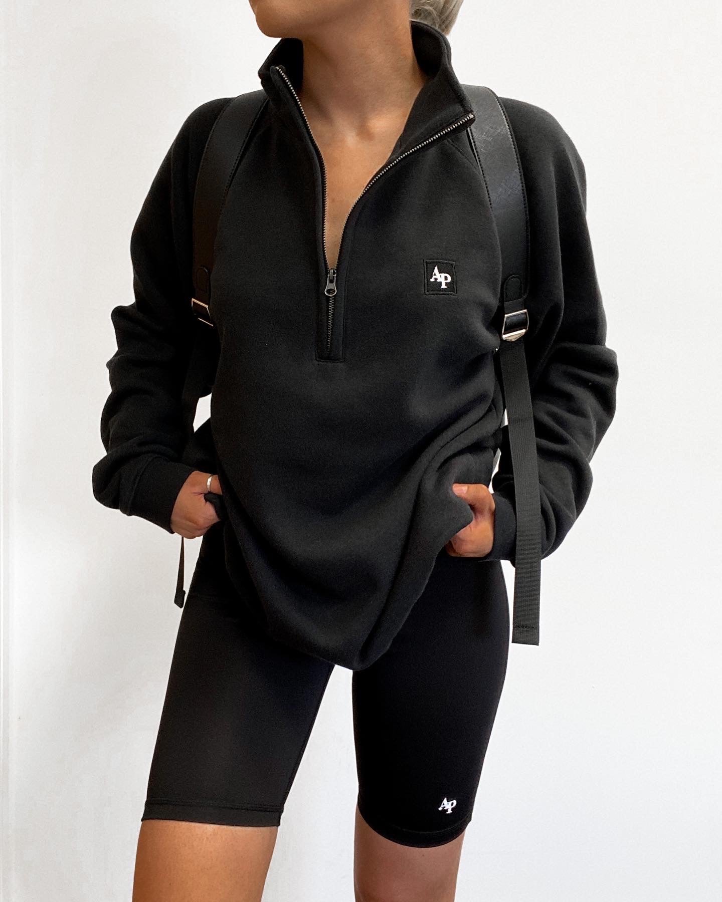 Embroidered Zip Neck Sweat - LUXE Travel Essentials - Black