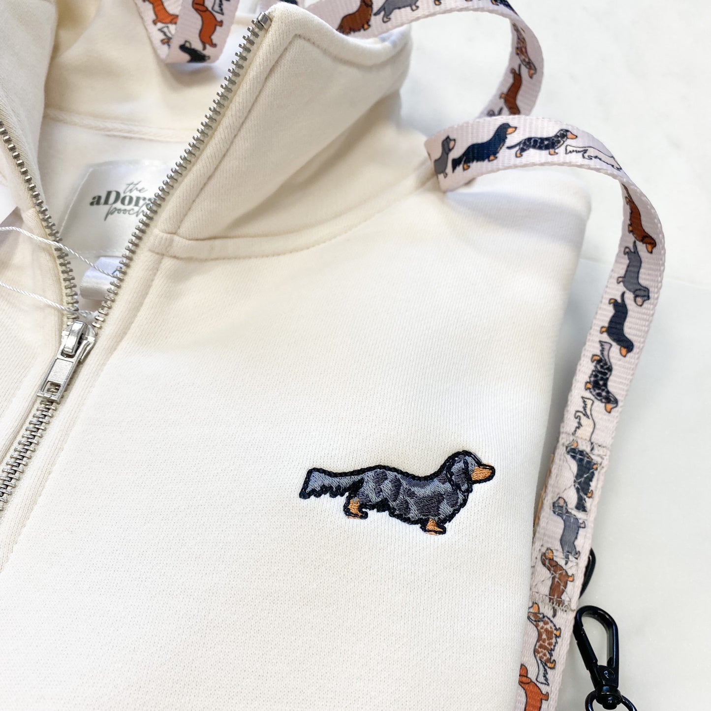 Embroidered Premium Zip Neck Crew - Hello Sausage - Ecru