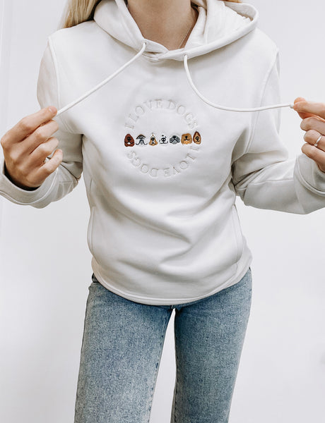 Embroidered Organic Hoodie - Ecru - I Love Dogs