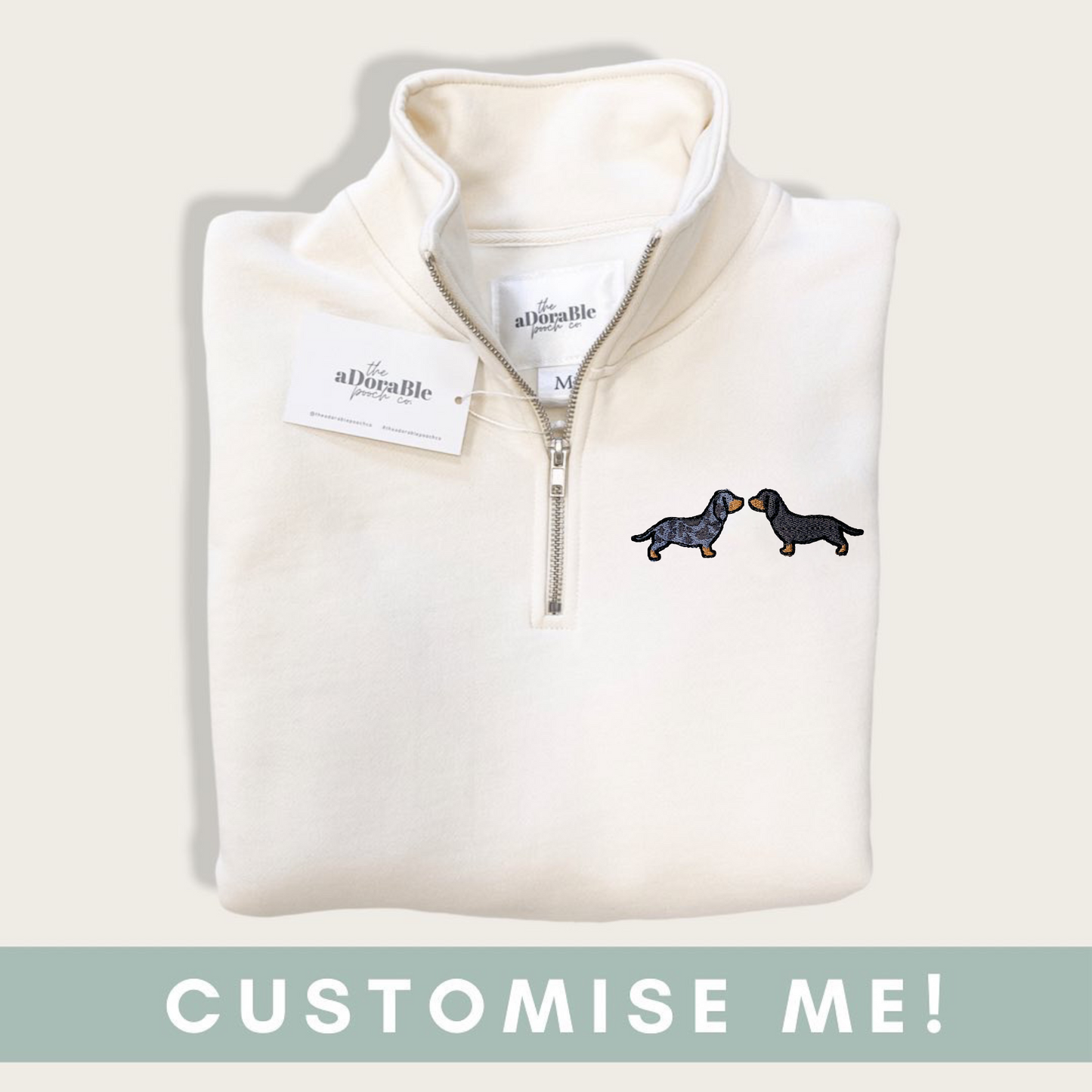 Embroidered Premium Zip Neck Crew - Hello Sausage - Two Dachshunds - Ecru