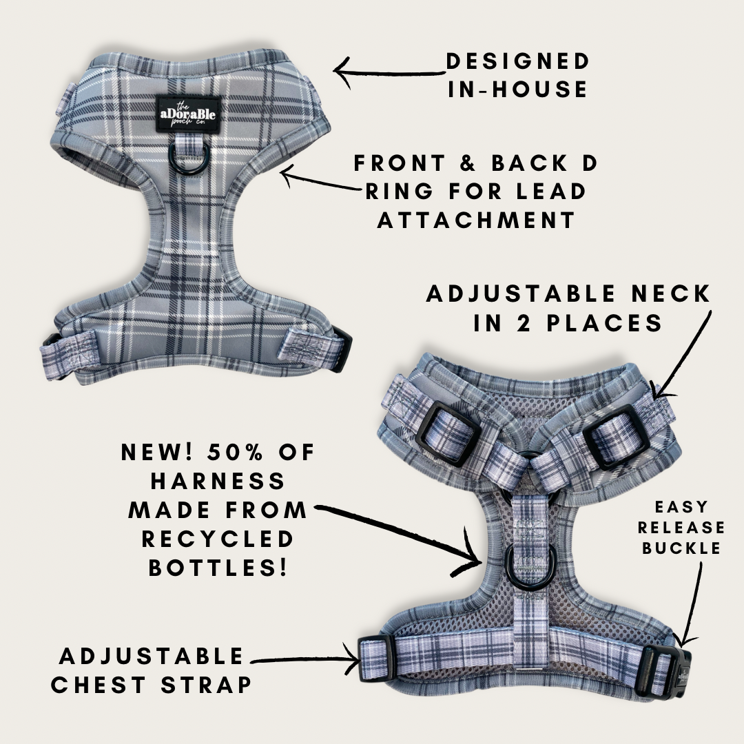 Adjustable Harness - LUXE Dove Grey Plaid