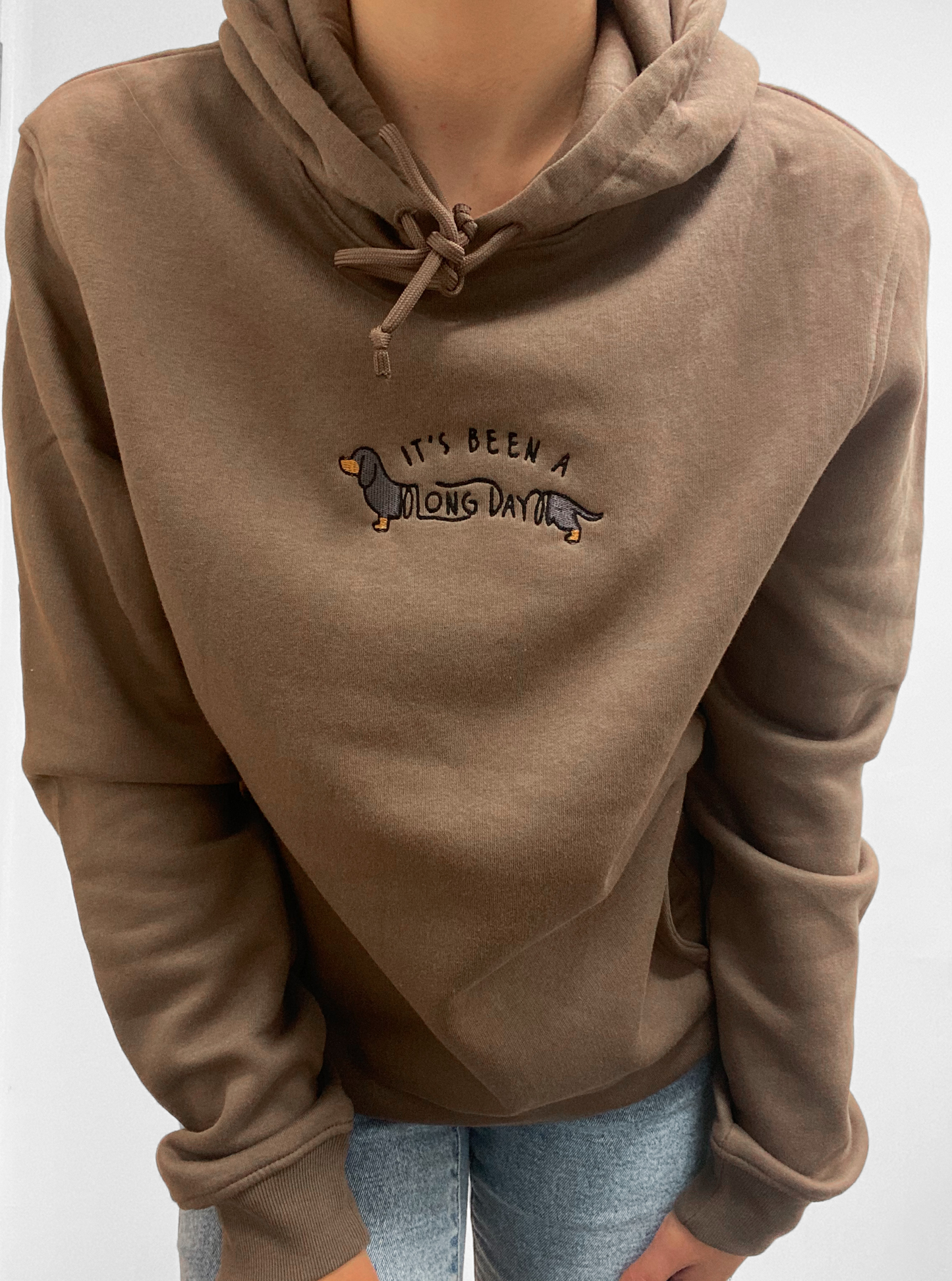 Embroidered Organic Hoodie - 'It's been a long day' - Mocha