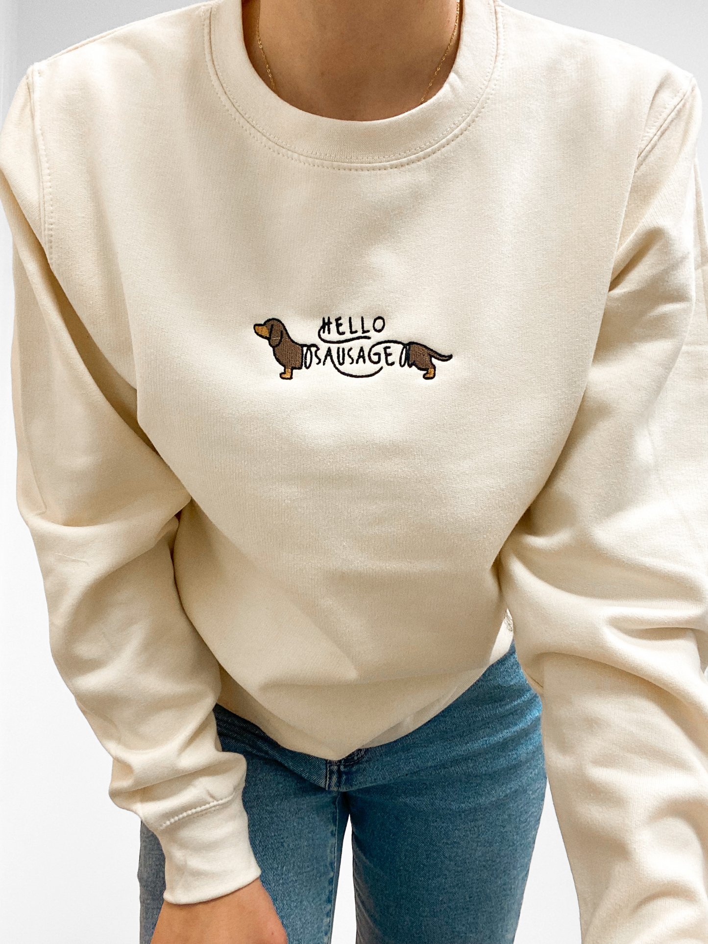 Embroidered Lightweight Sweatshirt - Hello Sausage - Vanilla