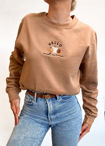 Embroidered Lightweight Sweatshirt - Pumpkin Patch - Ginger Biscuit