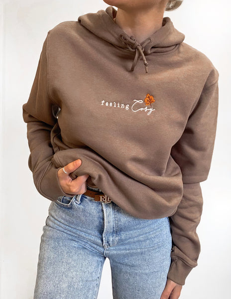 Embroidered Organic Hoodie - Falling For You - Mocha