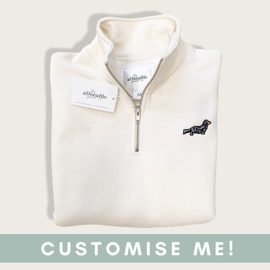 Embroidered Premium Zip Neck Crew - Hello Sausage - Ecru