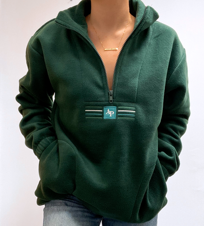 Embroidered Oversized Outdoor Zip Neck Fleece - Woodland Walks - Forest Green