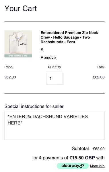 Embroidered Premium Zip Neck Crew - Hello Sausage - Two Dachshunds - Ecru