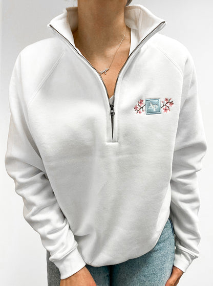 Embroidered Zip Neck Sweat - Cherry Blossom