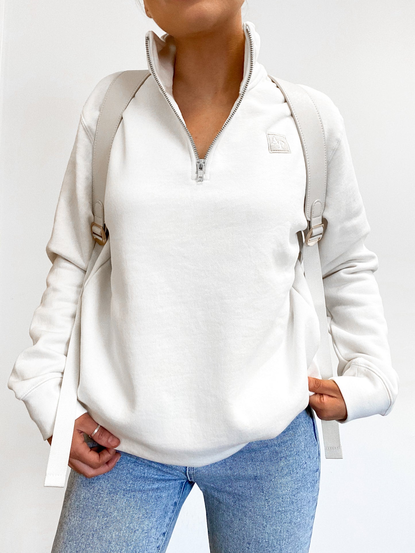 Embroidered Premium Zip Neck Crew - LUXE Travel Essentials - Oyster