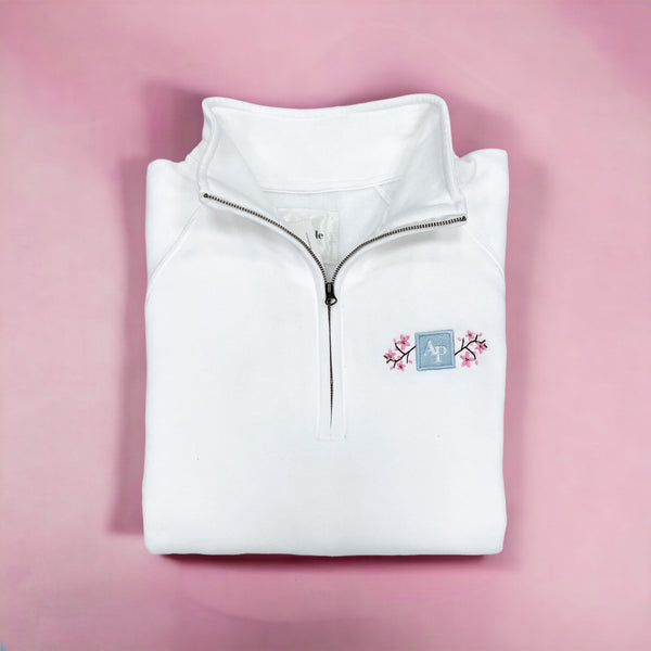 Embroidered Zip Neck Sweat - Cherry Blossom