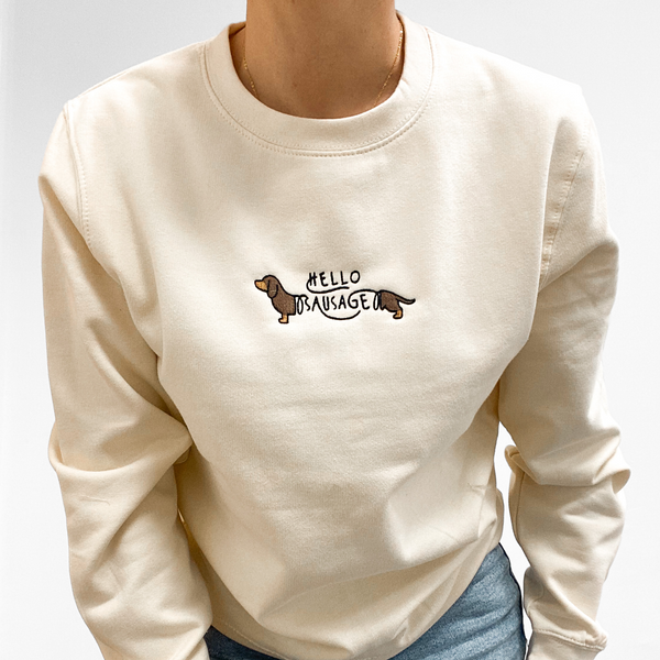 Embroidered Lightweight Sweatshirt - Hello Sausage - Vanilla