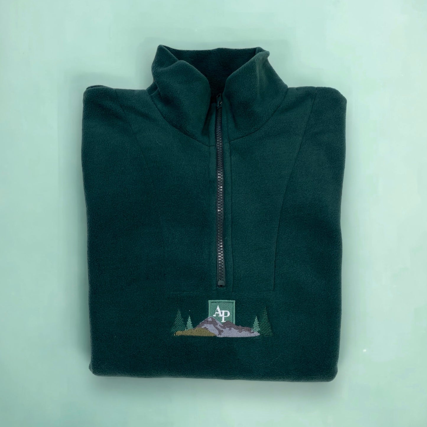 Embroidered Oversized Outdoor Zip Neck Fleece - Highland Mountains - Forest Green