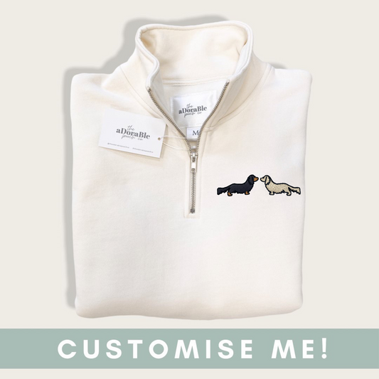 Embroidered Premium Zip Neck Crew - Hello Sausage - Two Dachshunds - Ecru