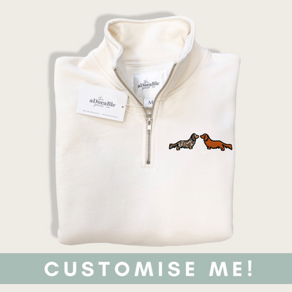 Embroidered Premium Zip Neck Crew - Hello Sausage - Two Dachshunds - Ecru