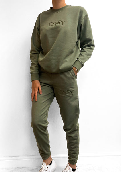 Embroidered Recycled Joggers - LUXE COSY - Khaki